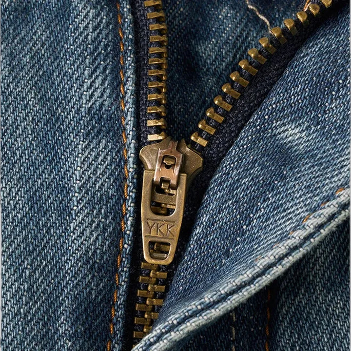 Distressed straight fit selvedge men's jeans